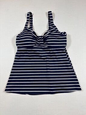 LL Bean Striped Navy White sz 8 Built-In Bra Tankini Swimsuit Top Padded (H647)